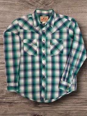 Wrangler Teal, Purple and White Plaid Western Snap Button-Down Shirt sz M